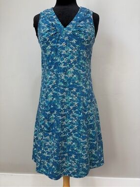 Royal Robbins Sleeveless V-Neck Dress Blue/Green Geometric Print Sz S